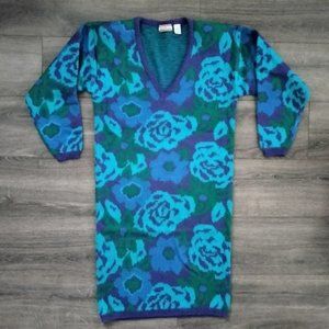 Ivy Vintage 80’s Bold Color Fuzzy Floral Sweater Knit Dress Size M V-Neck